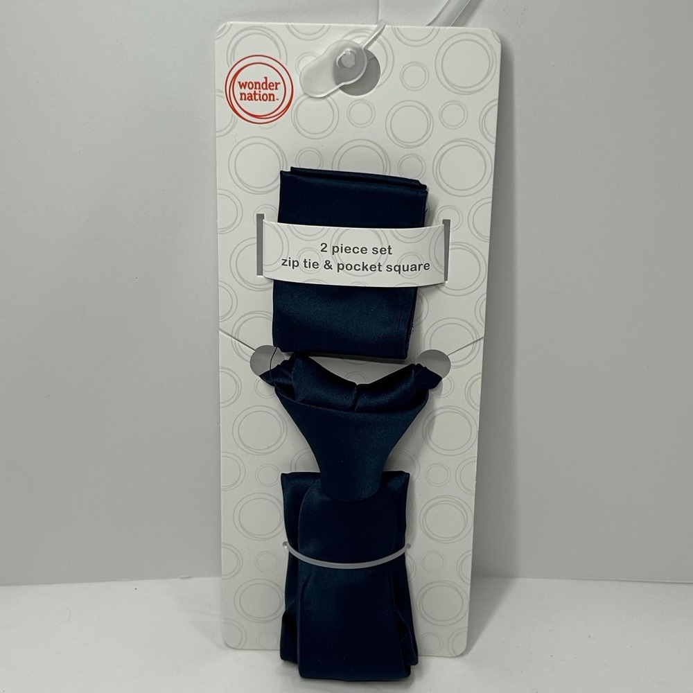 Wonder Nation Boys Navy Blue Zip Tie and Pocket Square 2 Piece Set‎ NEW Dress
